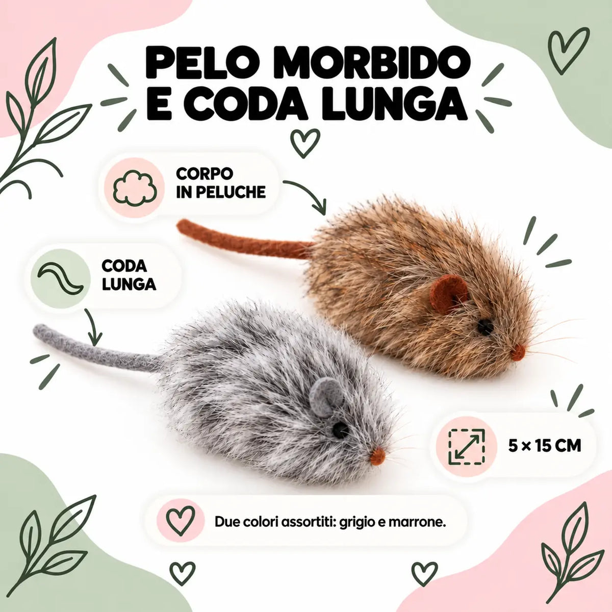Topolini in peluche – pelo morbido, coda lunga e formato 5 × 15 cm