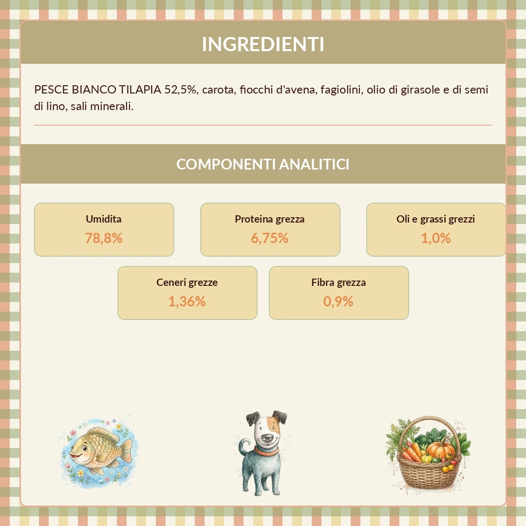 La BARF in Busta — Pesce Bianco Tilapia con Fiocchi d'Avena e Fagiolini | Alimento completo per Cane adulto