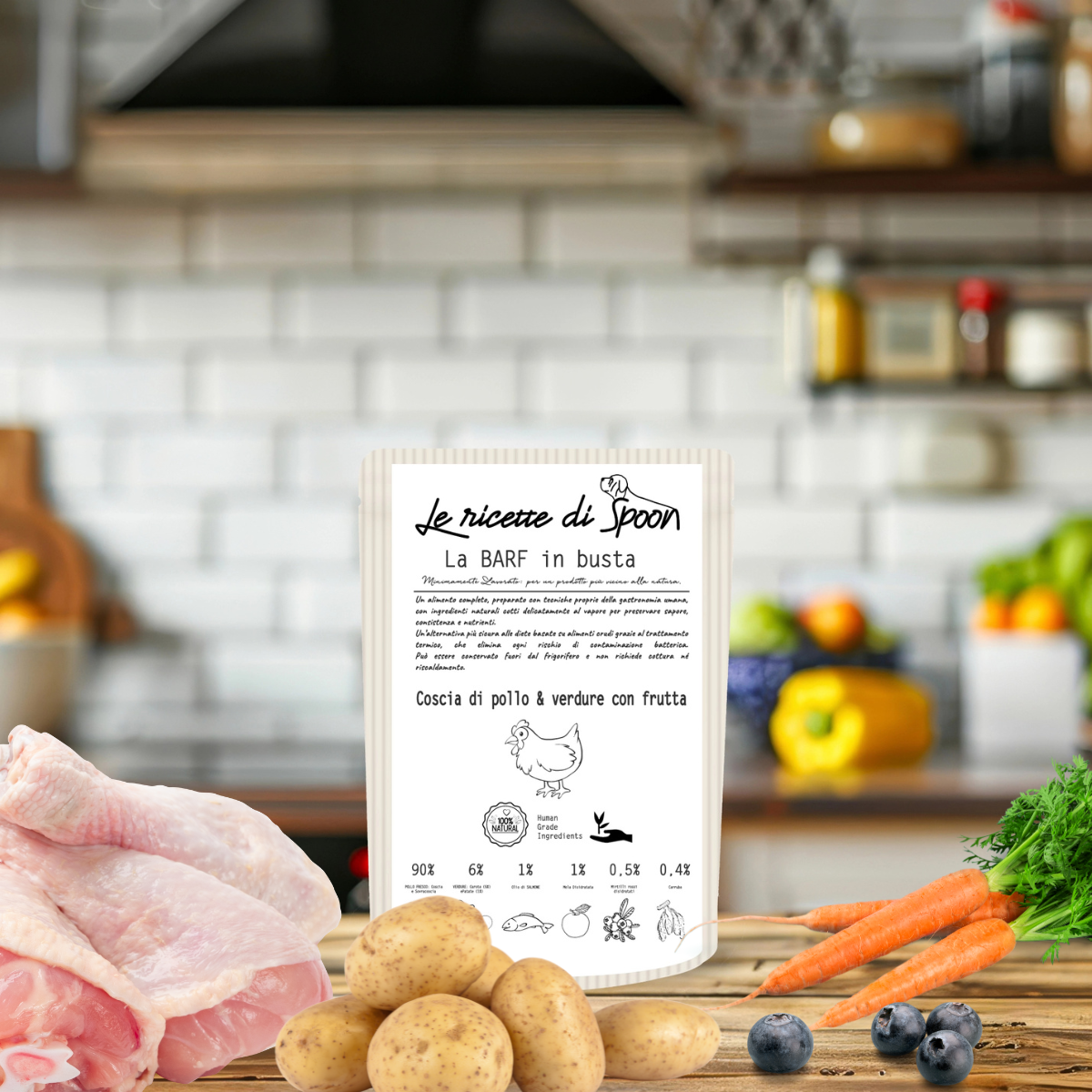 La BARF in busta - Coscia di Pollo con Verdure, Mela e Mirtillo - Umido per Cane Cotto Delicatamente al Vapore in Busta