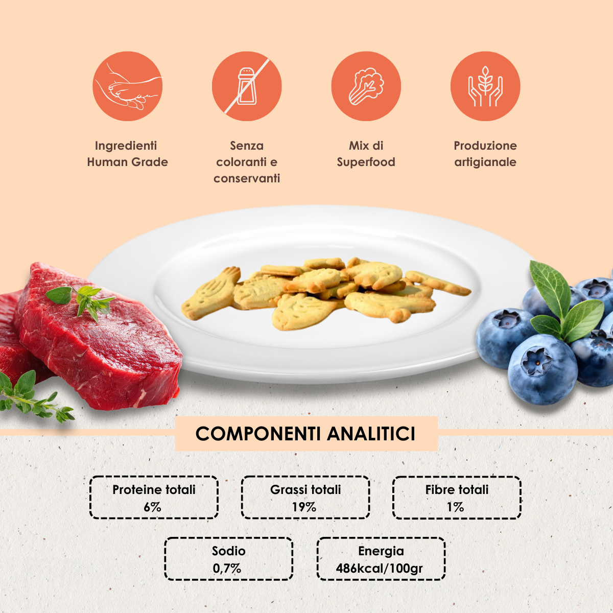 Deliziosi biscotti per cane artigianali Superfood Anatra e Mirtilli 200 gr