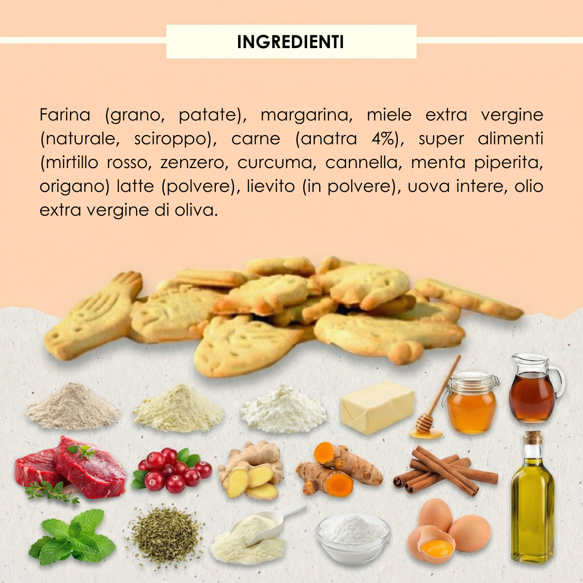 Deliziosi biscotti per cane artigianali Superfood Anatra e Mirtilli 200 gr
