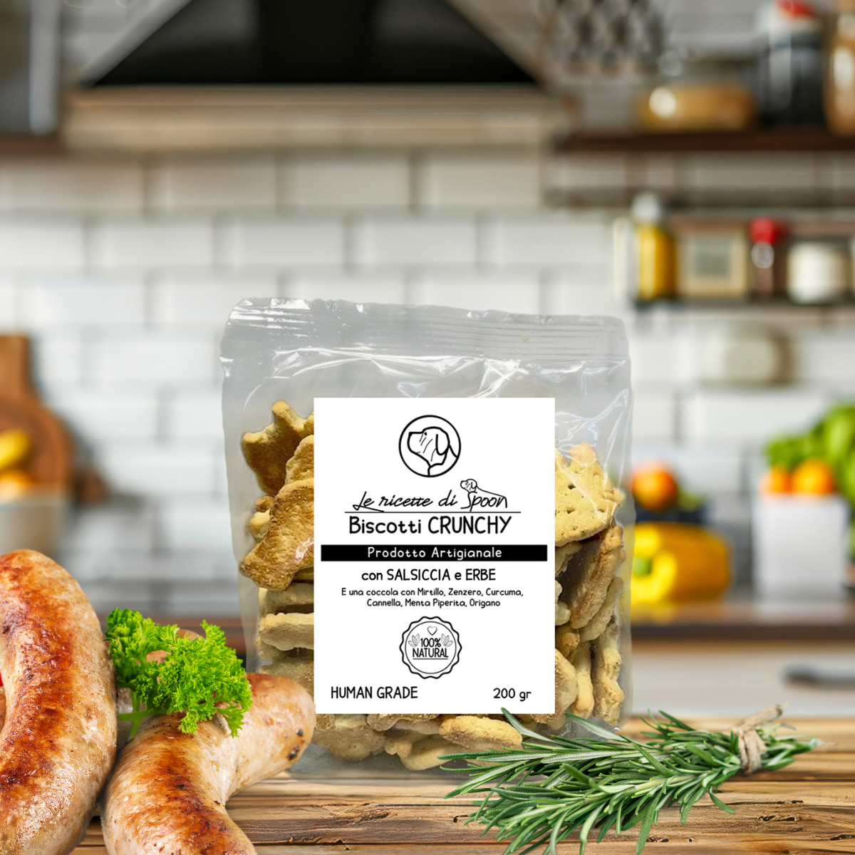 Deliziosi biscotti per cane artigianali Superfood alla Salsiccia e Erbe 200 gr