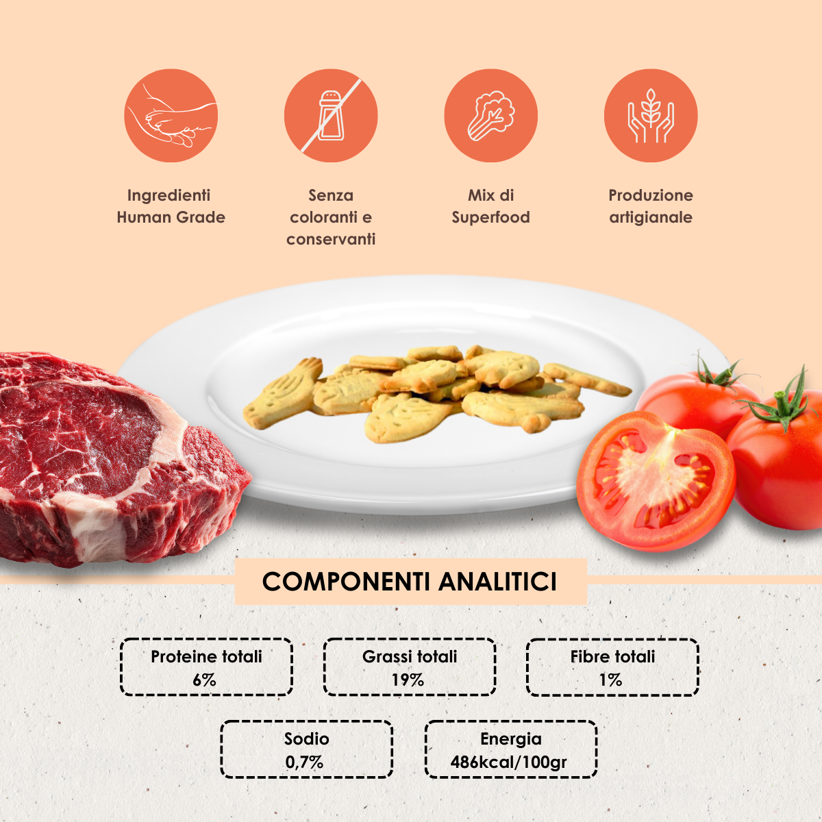 Deliziosi biscotti per cane artigianali Superfood Manzo e Pomodoro 200 gr