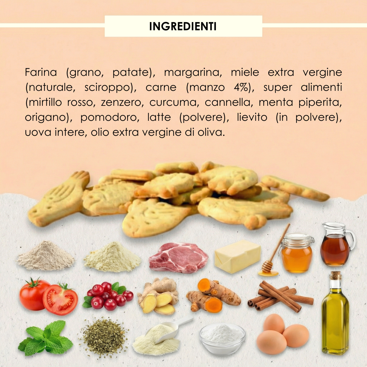 Deliziosi biscotti per cane artigianali Superfood Manzo e Pomodoro 200 gr