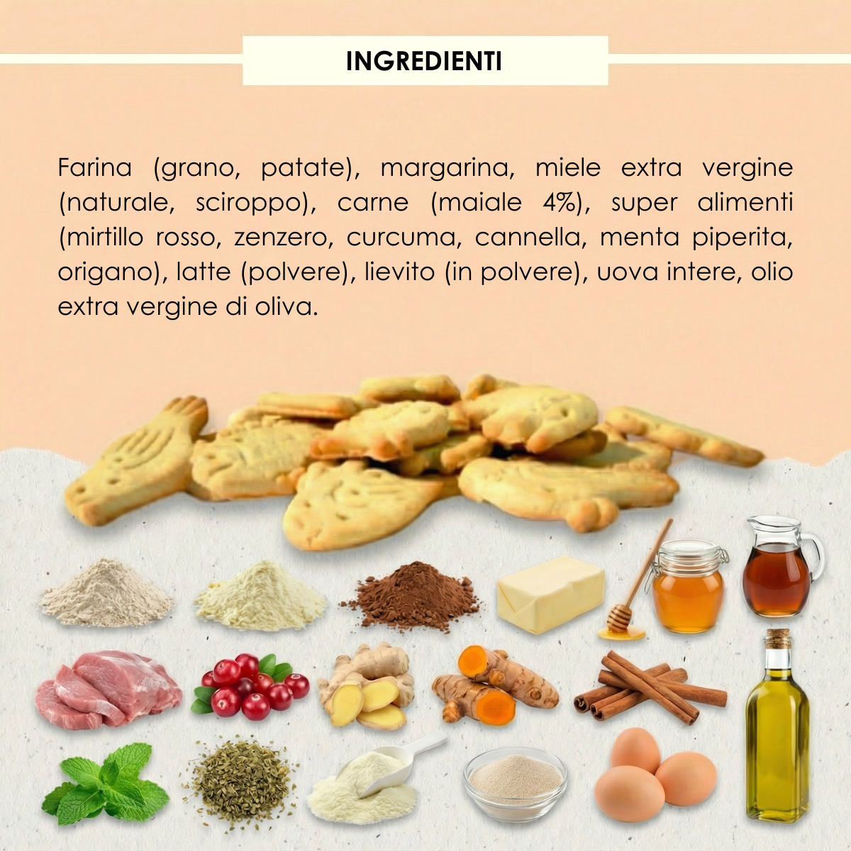 Deliziosi biscotti per cane artigianali Superfood Uova e Pancetta 200 gr