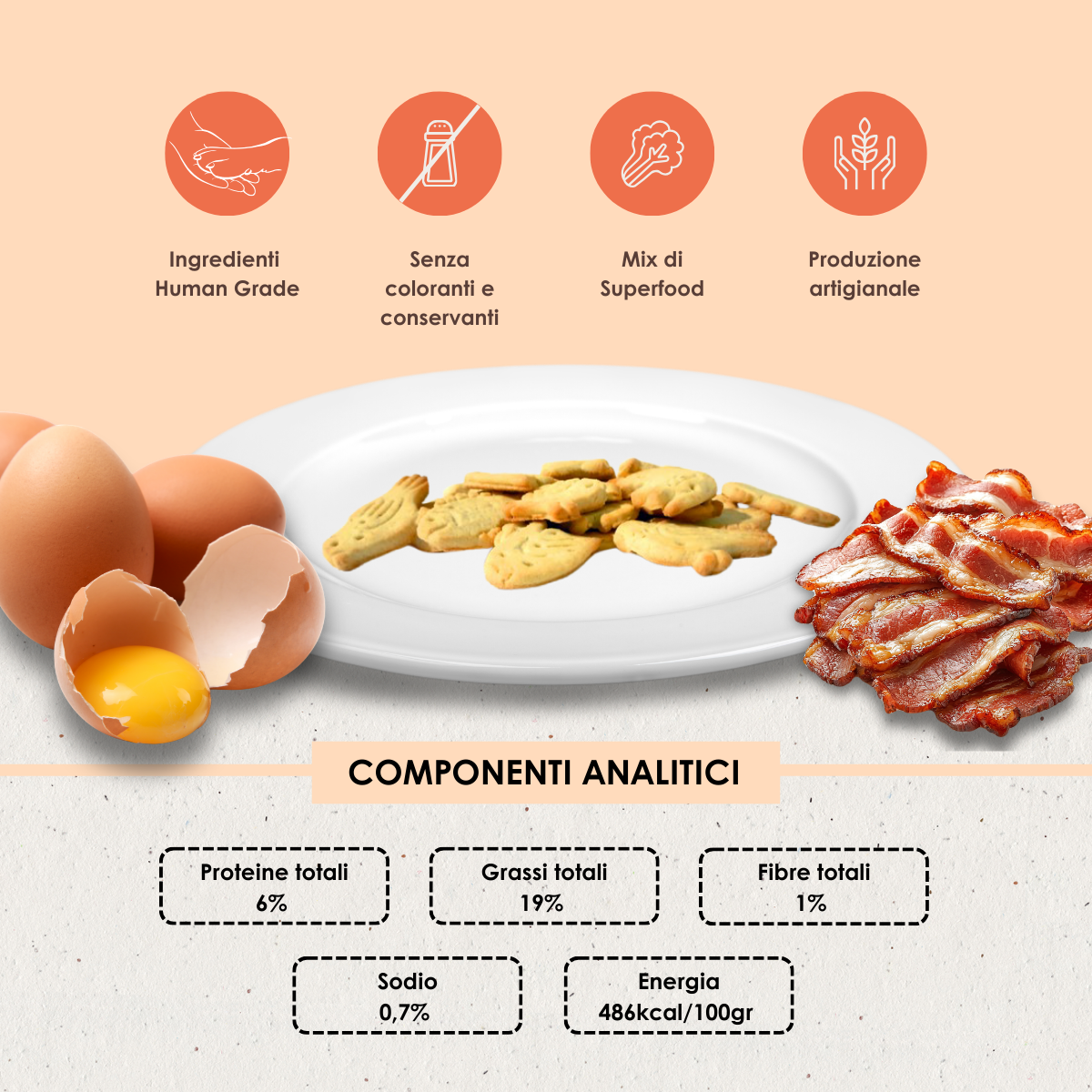 Deliziosi biscotti per cane artigianali Superfood Uova e Pancetta 200 gr