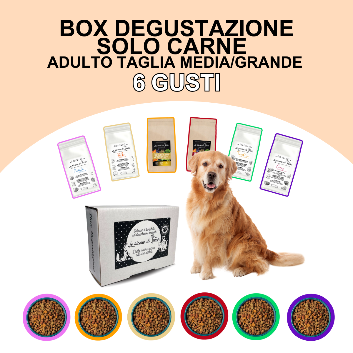 Box Degustazione Carne Crocchette Cane Adulto taglia media/grande - 6 pacchetti da 100 gr