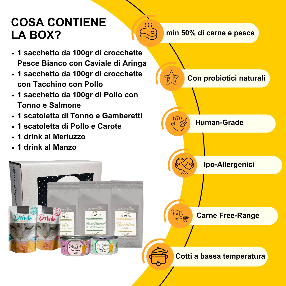 Box Degustazione Gatto Base - 2 lattine di umido, 3 sacchetti di crocchette e 2 drink