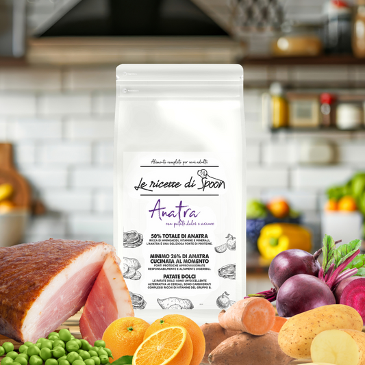 Monoproteico Anatra Allevata Responsabilmente con Patate Dolci e Arance - Crocchette Cane Adulto di Taglia Media/Grande Grain Free (50% Carne Human Grade)