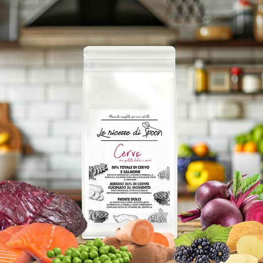 Monoproteico Cervo e Salmone con Patate Dolci e More - Crocchette Cane Adulto di Taglia Media/Grande Grain Free (50% Carne Human Grade)