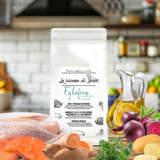Pesce Eglefino e Salmone con Patate Dolci e Prezzemolo - Crocchette Cane Adulto Taglia Media/Grande Grain Free  (50% Carne Human Grade)