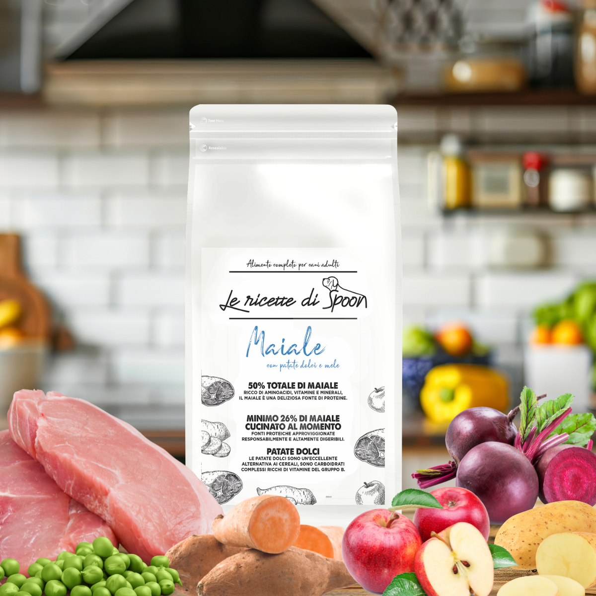 Monoproteico Maiale con Patate Dolci e Mele - Crocchette Cane Adulto di Taglia Media/Grande Grain Free (50% Carne Human Grade)