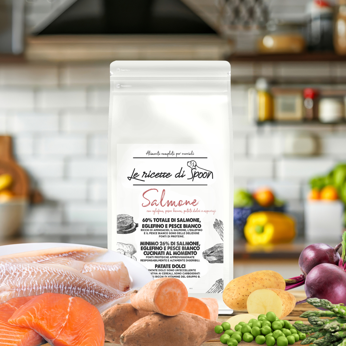 Salmone con Eglefino, Pesce Bianco, Patate Dolci e Asparagi - Crocchette Cane Cucciolo Taglia Piccola/Media/Grande Grain Free (60% Carne Human Grade)