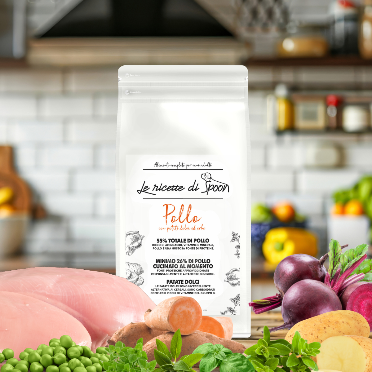 Monoproteico Pollo Ruspante con Patate Dolci e Erbe Officinali- Crocchette Cane Adulto Taglia Media/Grande Grain Free (55% Carne Human Grade)