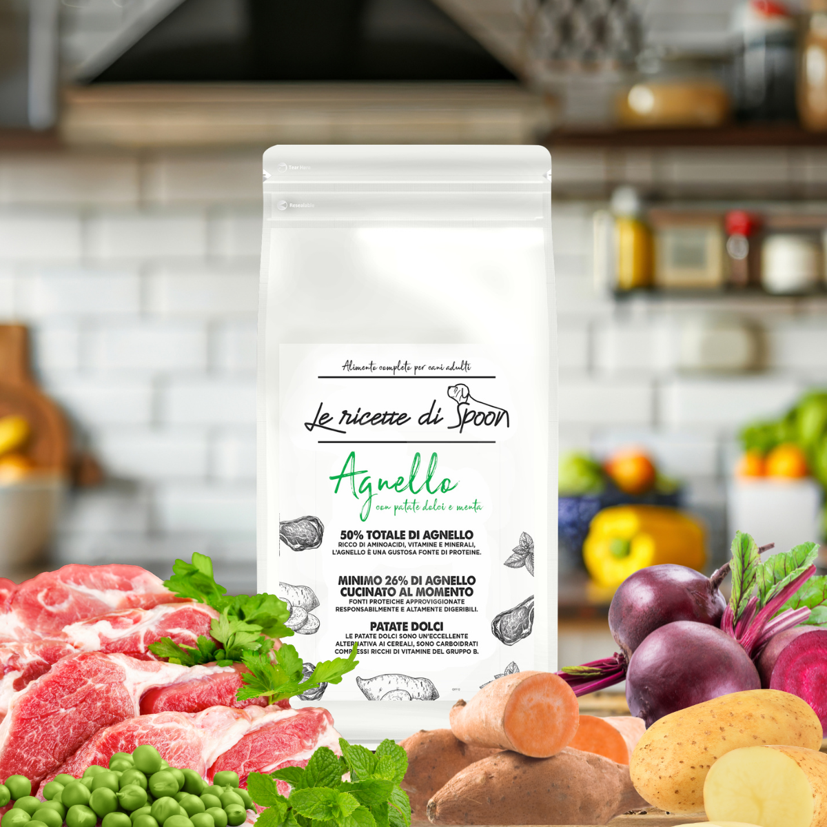 Monoproteico Agnello Allevato al Pascolo con Patate Dolci e Menta - Crocchette Cane Adulto di Taglia Media/Grande Grain Free (50% Carne Human Grade)