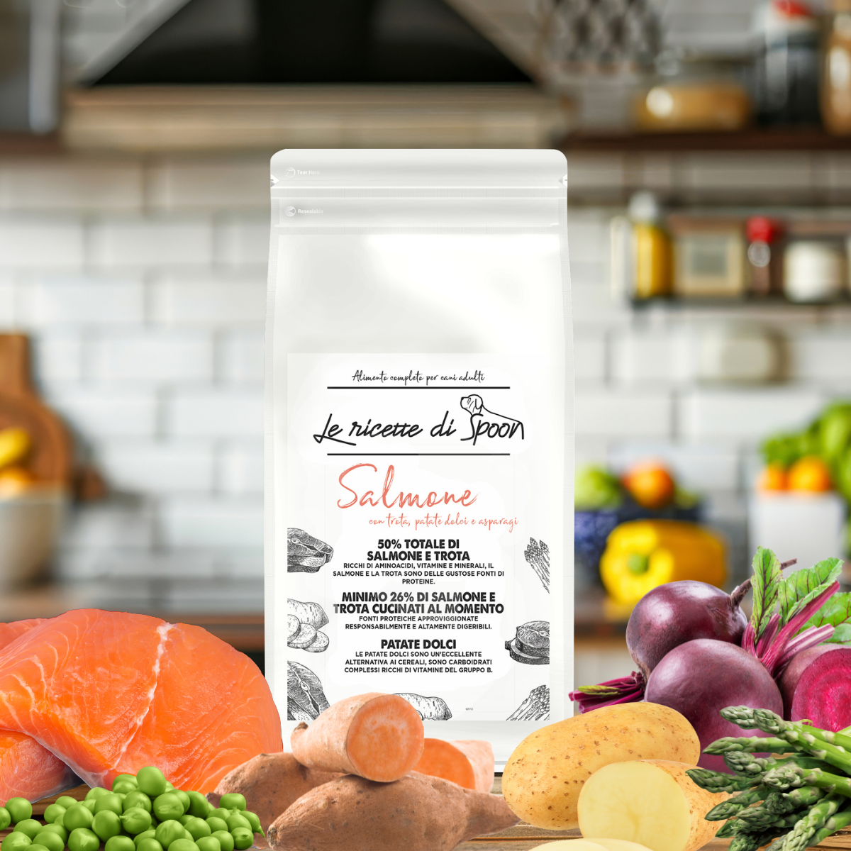 Salmone con Trota, Patate Dolci e Asparagi - Crocchette Cane Adulto Taglia Media/Grande Grain Free (50% Carne Human Grade)