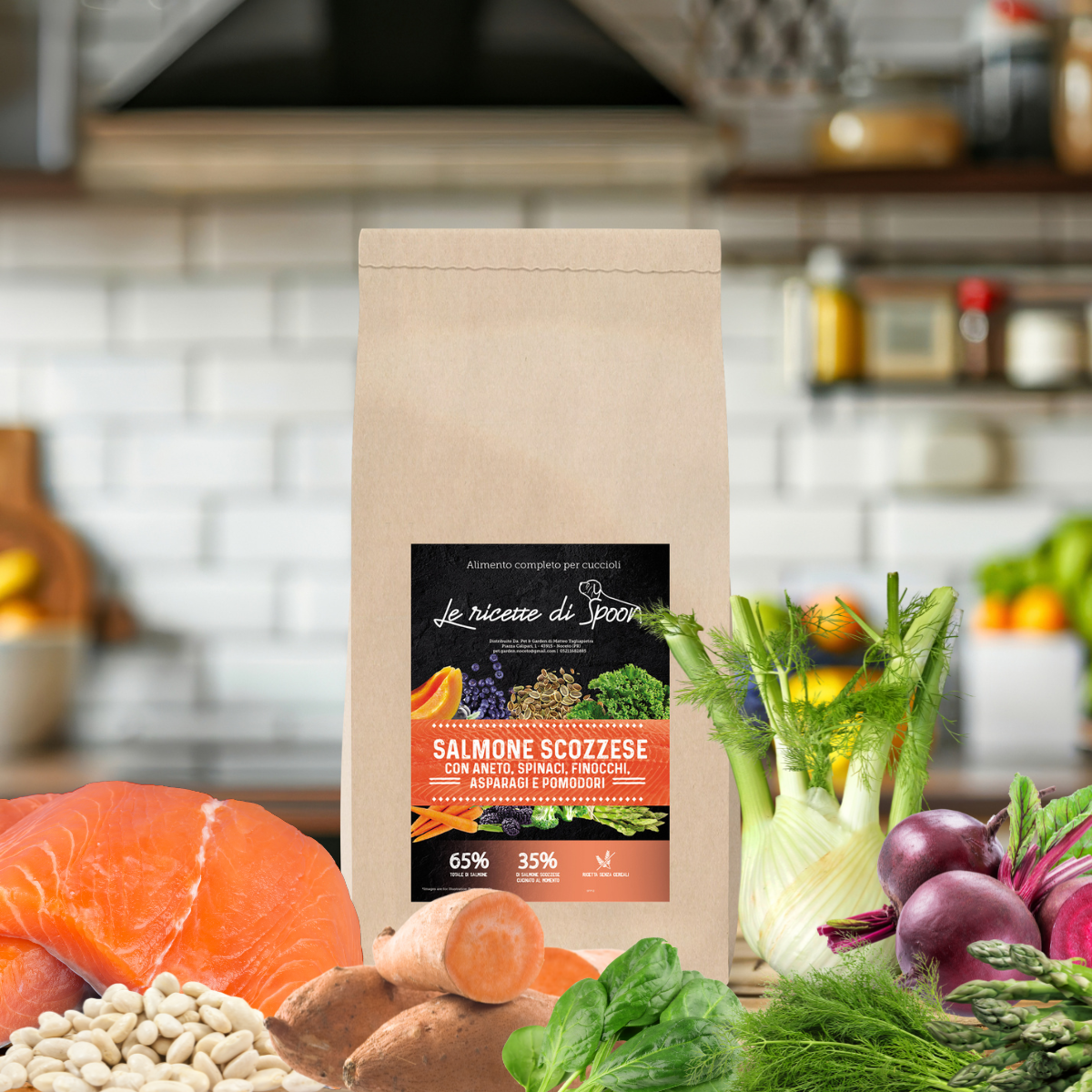 Monoproteico Salmone Scozzese con Aneto, Spinaci, Finocchi, Asparagi e Pomodori - Crocchette Cane Adulto Taglia Media/Grande Superproteiche Grain Free (65% Carne Human Grade)