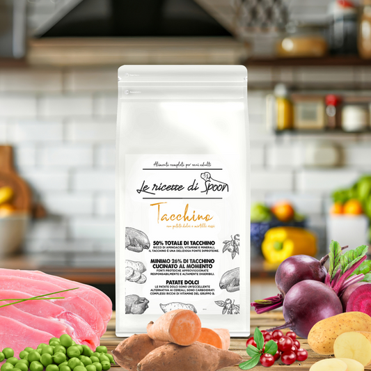 Monoproteico Tacchino Ruspante con Patate Dolci e Mirtilli Rossi - Crocchette Cane Adulto Taglia Media/Grande Grain Free (50% Carne Human Grade)