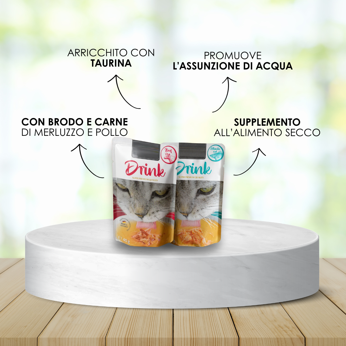 Box Degustazione Gatto Base - 2 lattine di umido, 3 sacchetti di crocchette e 2 drink