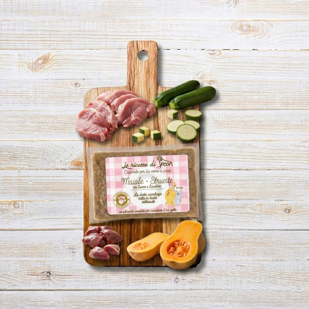 Pappa Casalinga alimento completo per Gatto adulto - Formula Struvite: Maiale con Zucca e Zucchine cotta in busta sottovuoto 85g