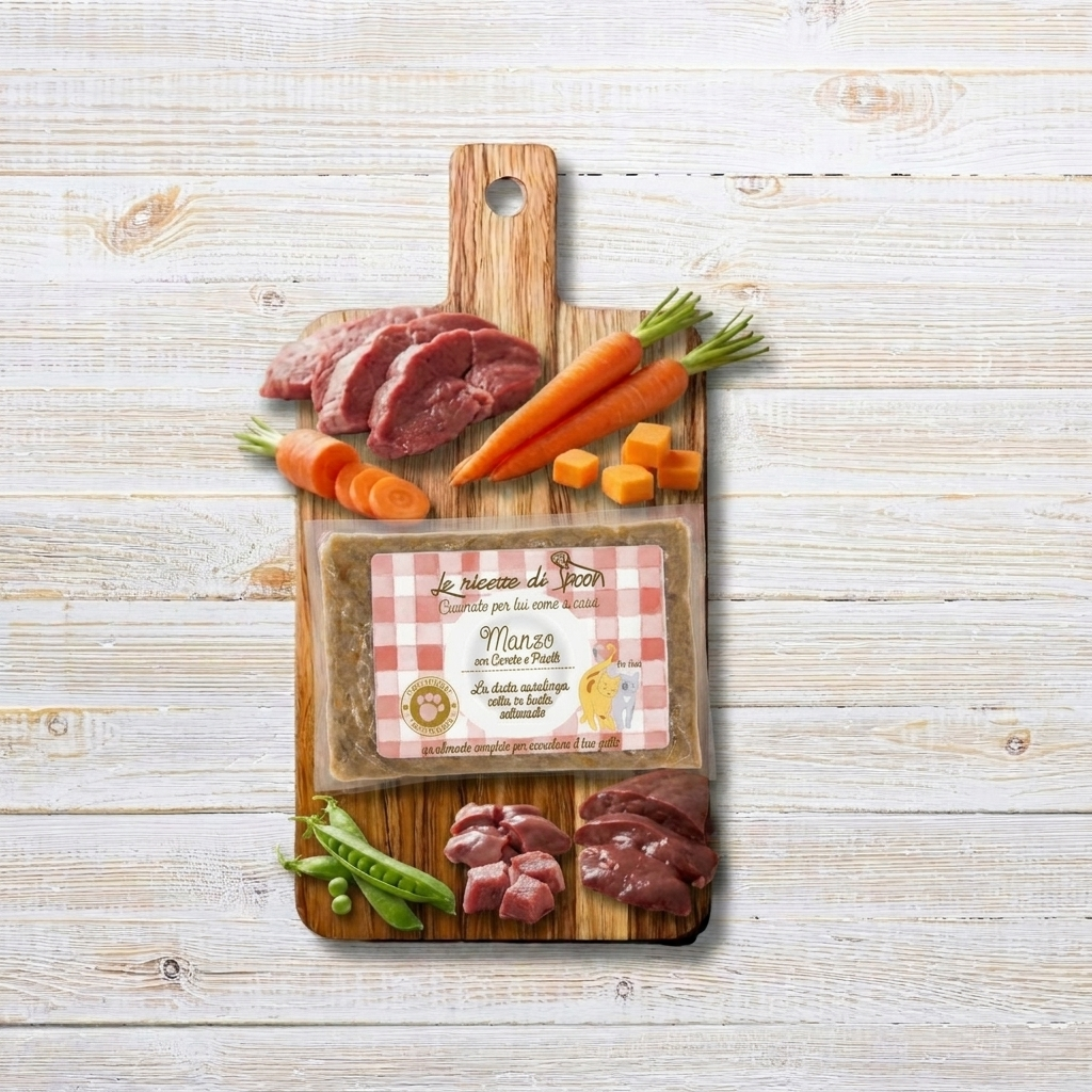 Pappa Casalinga alimento completo per Gatto adulto: Manzo con Carote e Piselli cotta in busta sottovuoto 85g