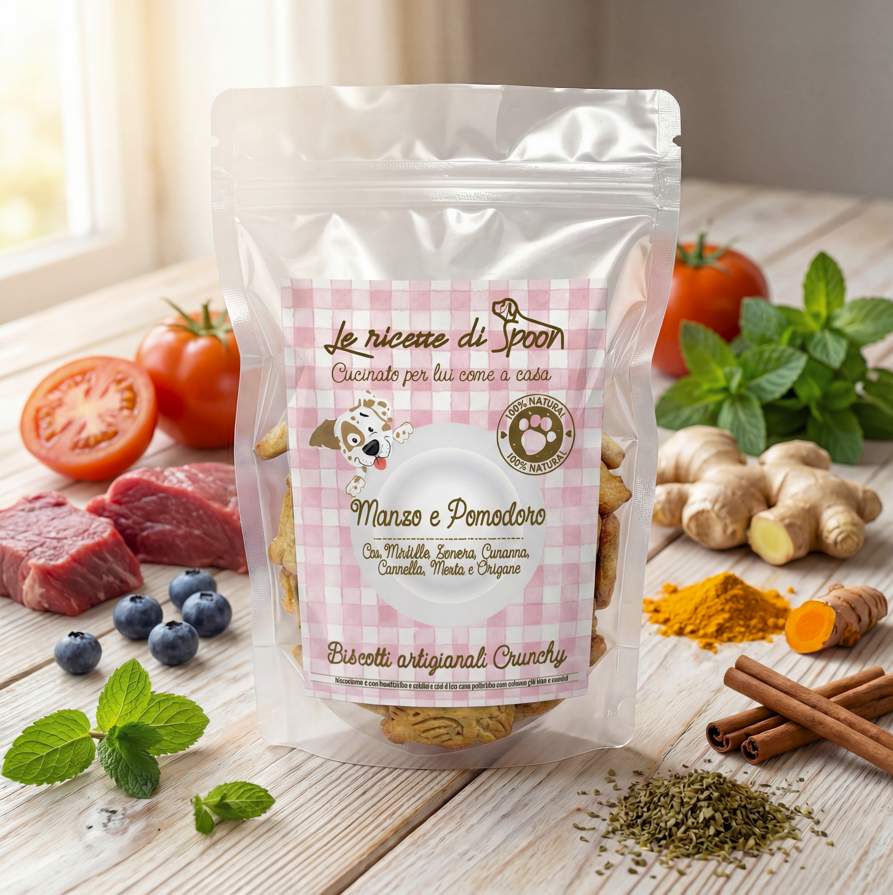 Deliziosi biscotti per cane artigianali Superfood Manzo e Pomodoro 200 gr