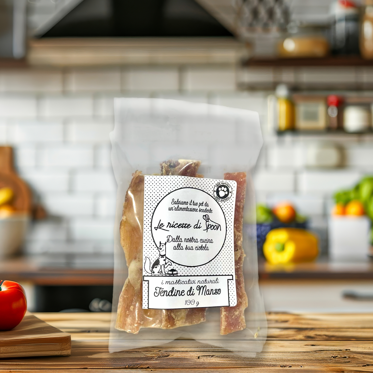 Snack funzionale Naturale per Cani: Tendine di Manzo essiccato lentamente in forno  100 g
