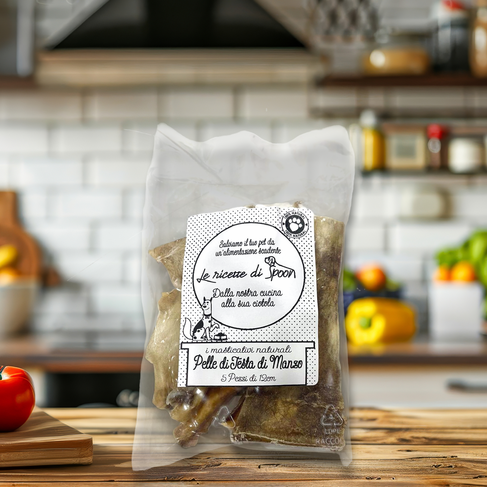 Snack funzionale Naturale per Cani: Pelle di Testa di Manzo essicato lentamente in forno  5 pezzi da 12 cm