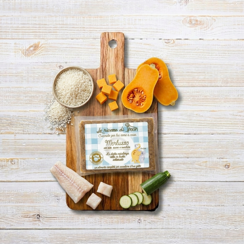 Pappa Casalinga alimento completo per Gatto adulto: Merluzzo con Riso, Zucca e Zucchine cotta in busta sottovuoto 85g