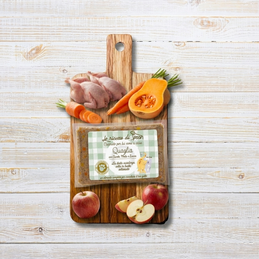 Pappa Casalinga alimento completo per Gatto adulto: Quaglia con Carota, Mela e Zucca cotta in busta sottovuoto 85g
