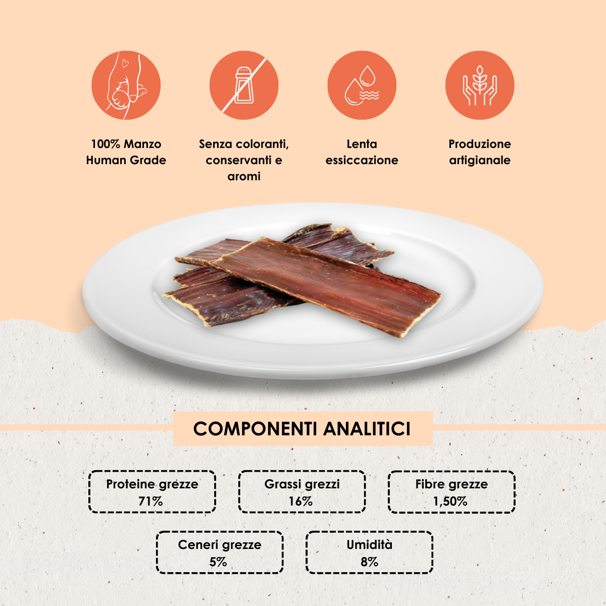 Snack funzionale Naturale per Cani: Esofago di Manzo essicato lentamente in forno  100 g