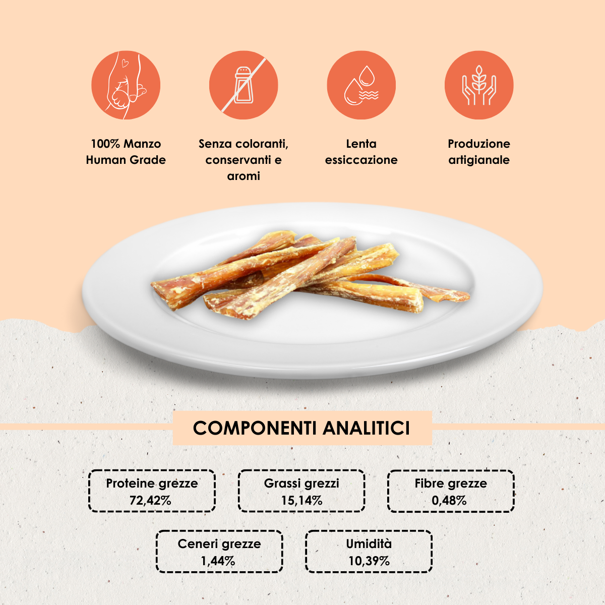 Snack funzionale Naturale per Cani: Tendine di Manzo essiccato lentamente in forno  100 g