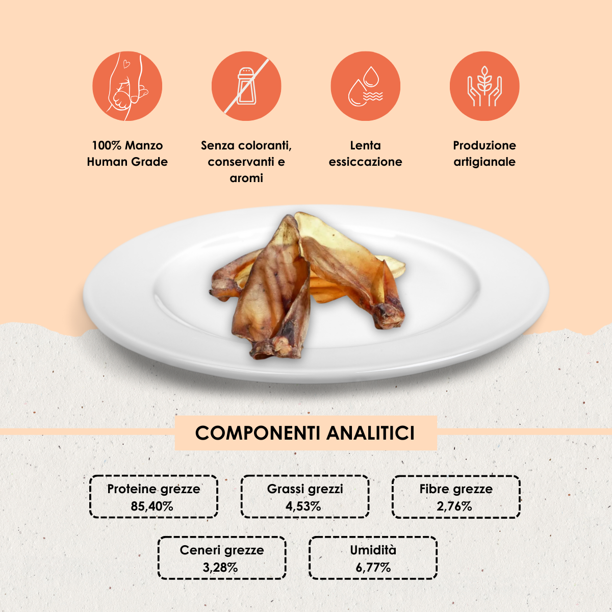 Snack funzionale Naturale per Cani: Orecchie di Manzo essiccate lentamente in forno 3 Pezzi