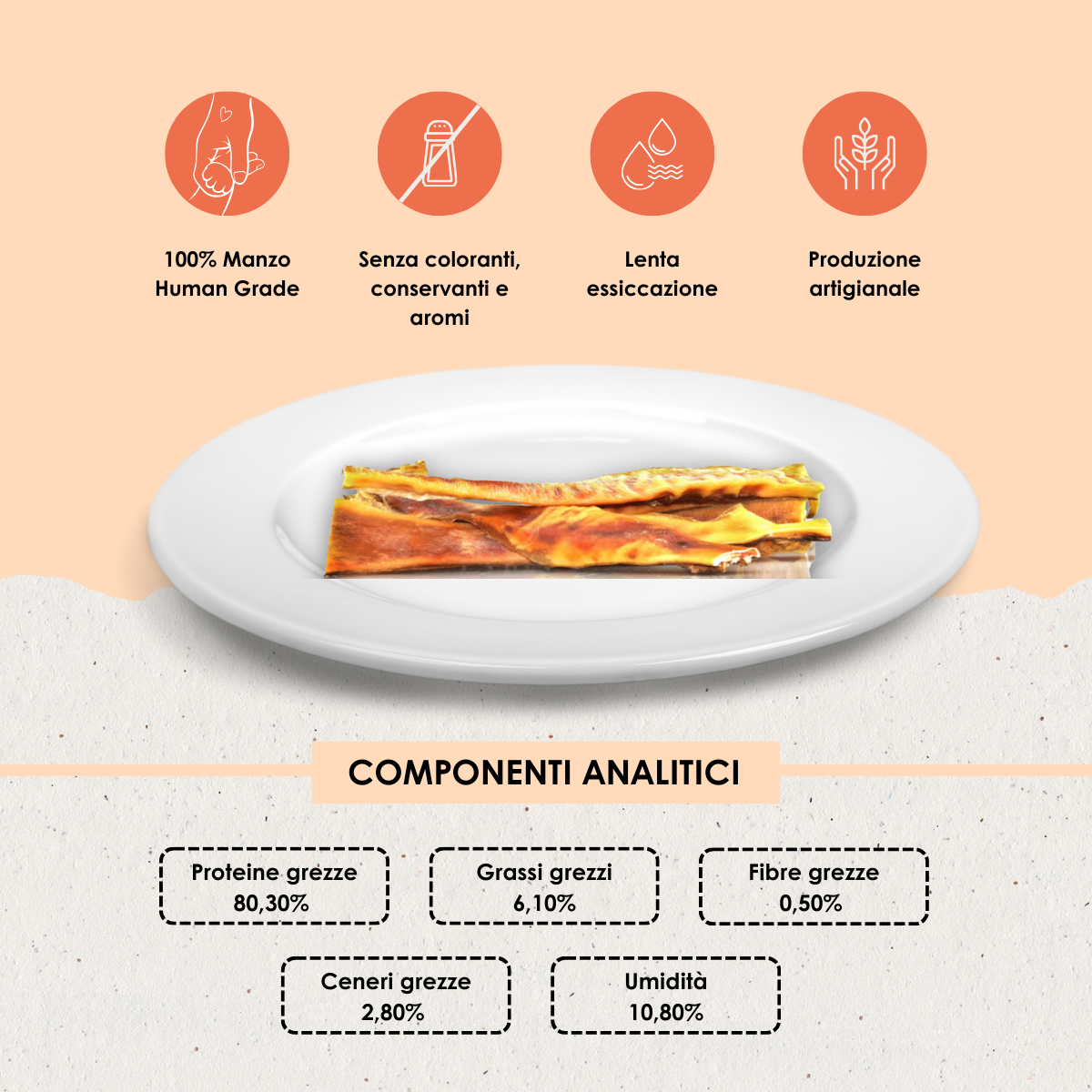 Snack funzionale Naturale per Cani: Pelle di Testa di Manzo essicato lentamente in forno  5 pezzi da 12 cm
