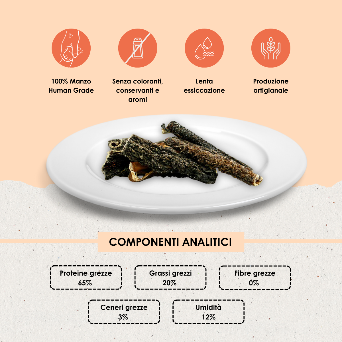 Snack funzionale Naturale per Cani: Trippa di Manzo essiccata lentamente in forno  100 g