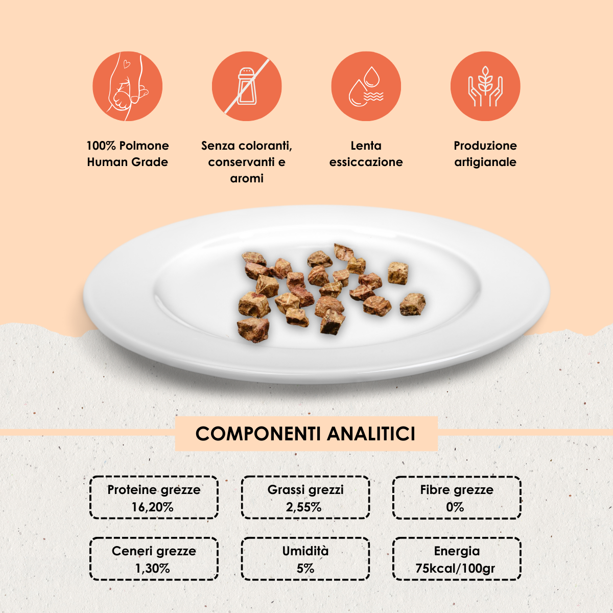 Snack funzionale Naturale per Gatti: Bocconcini di Polmone Bovino Essiccato  20 gr