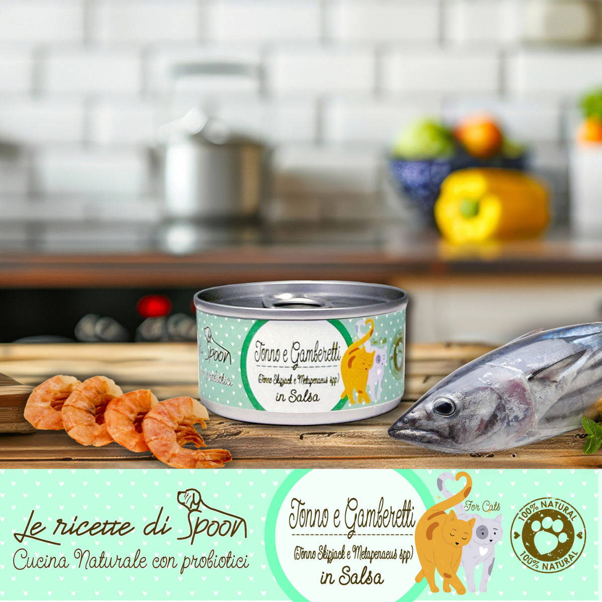 Deliziosi straccetti per Gatto Adulto: TONNO con GAMBERETTI preparati crudi e cotti al vapore in una salsa densa con probiotici naturali 85 gr