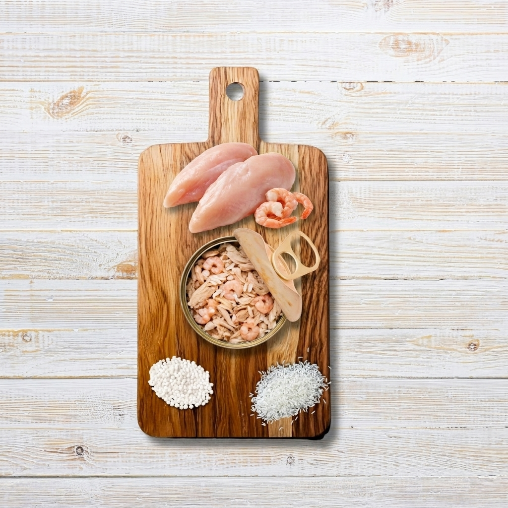 Le Ricette Semplici | Umido Naturale | Tenero Polletto Arbor Acres e Gamberetti, acqua di cottura ed un pizzico di riso, cotti al vapore in vasetto 70 g