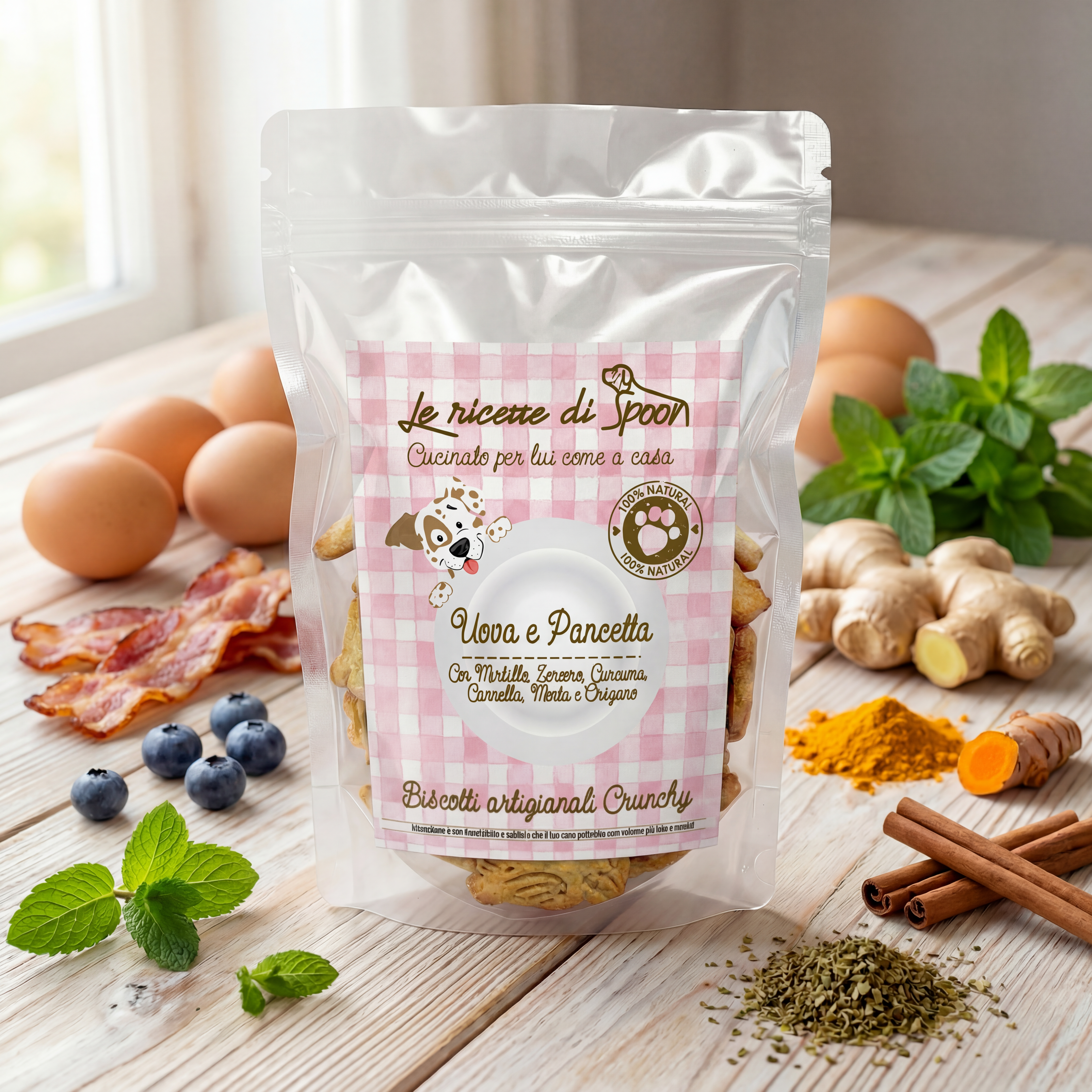 Deliziosi biscotti per cane artigianali Superfood Uova e Pancetta 200 gr