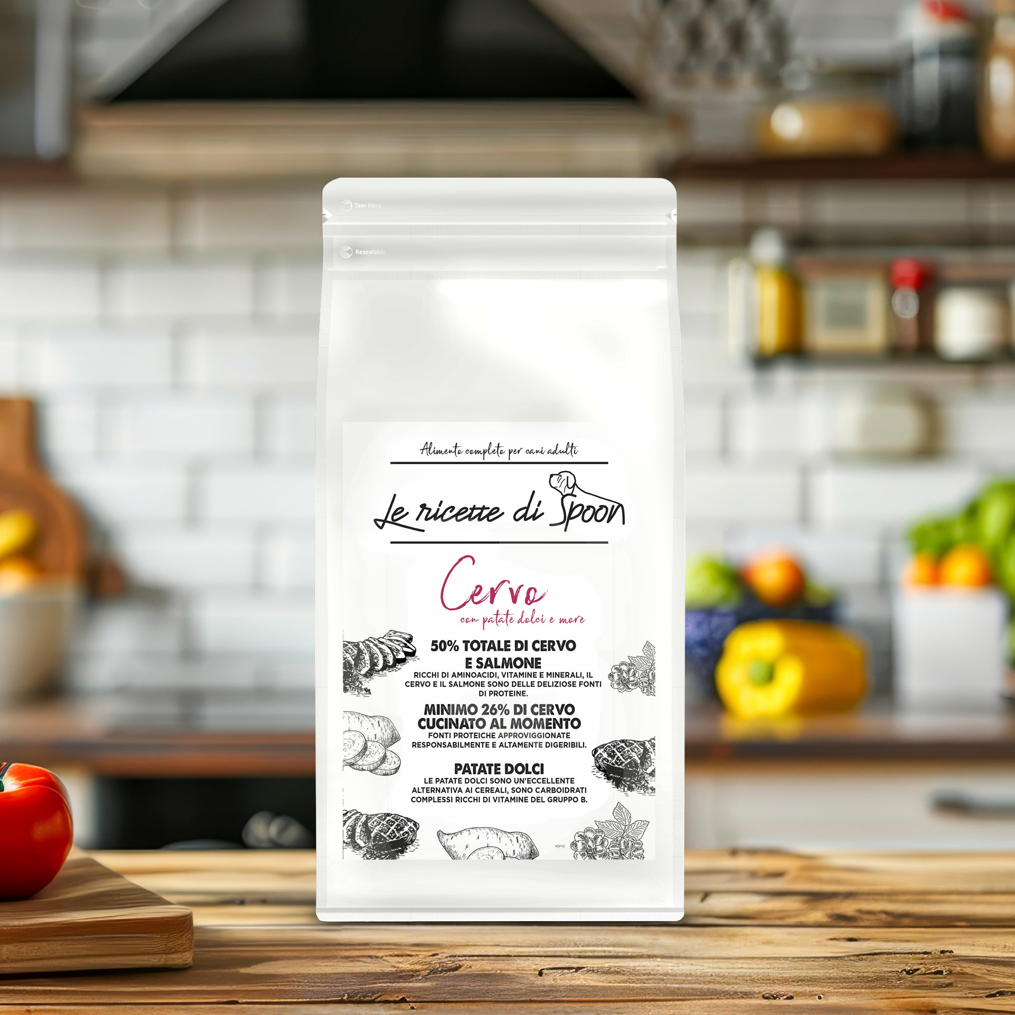 Cervo e Salmone con Patate Dolci e More - Crocchette Cane Adulto di Taglia Media/Grande Grain Free (50% Carne Human Grade)