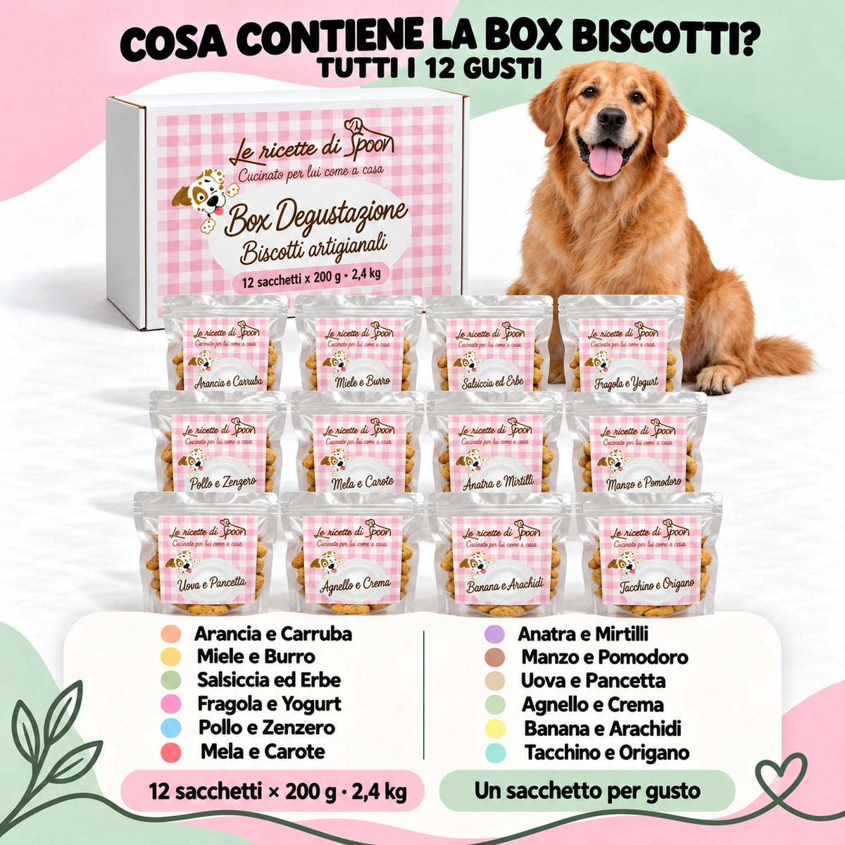 Box biscotti assortita: confezioni e lista gusti, un sacchetto da 200 g per gusto