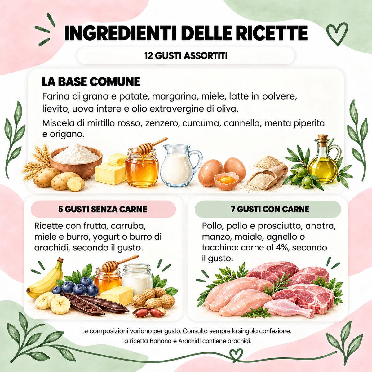 Ingredienti della box biscotti assortita, illustrazioni ad acquerello