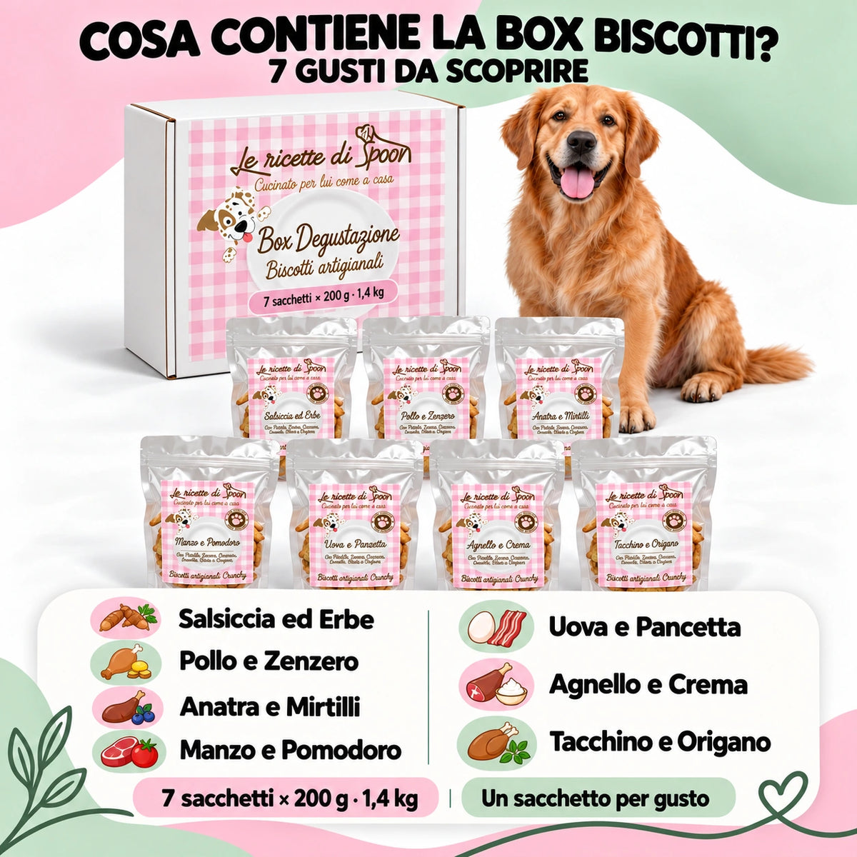 Box biscotti con-carne: confezioni e lista gusti, un sacchetto da 200 g per gusto