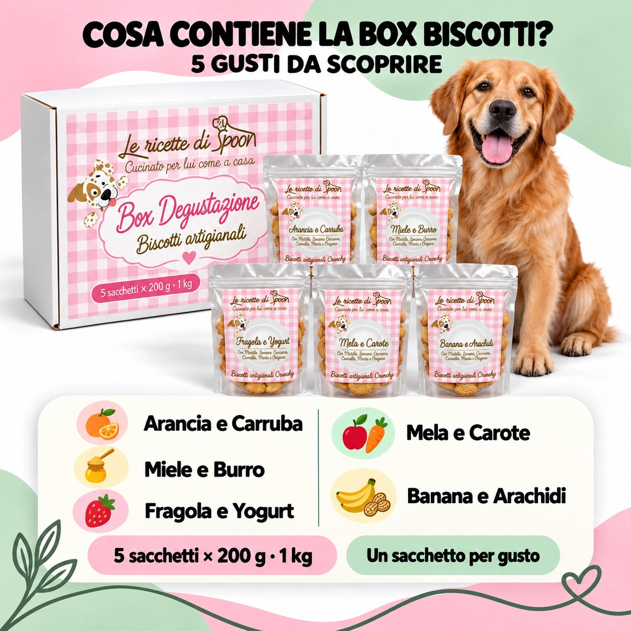Box biscotti senza-carne: confezioni e lista gusti, un sacchetto da 200 g per gusto