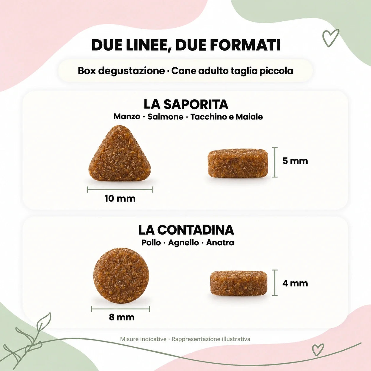 Dimensioni crocchette: Saporita triangolare 10 × 5 mm, Contadina rotonda 8 × 4 mm