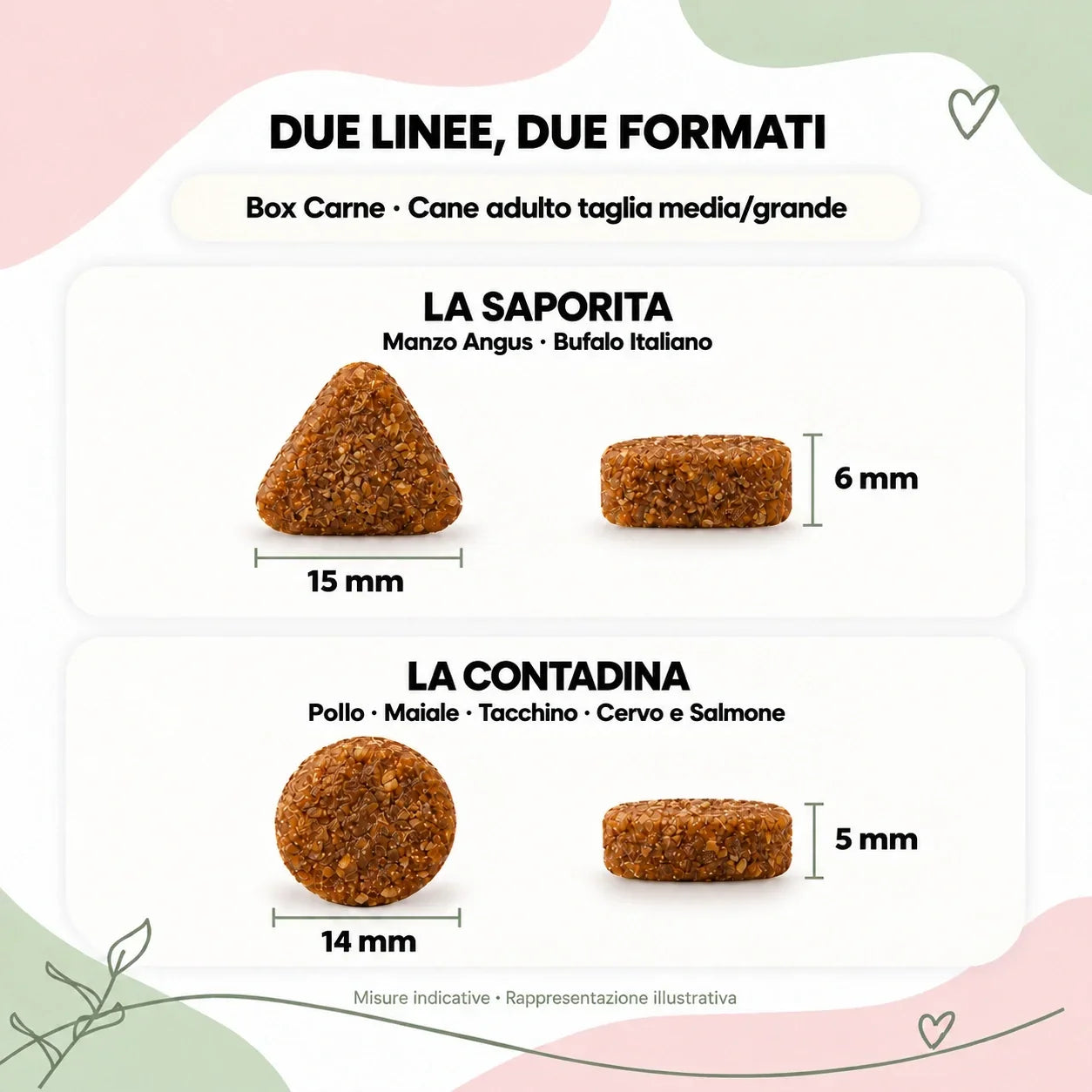 Dimensioni crocchette: Saporita triangolare 15 × 6 mm e Contadina rotonda 14 × 5 mm