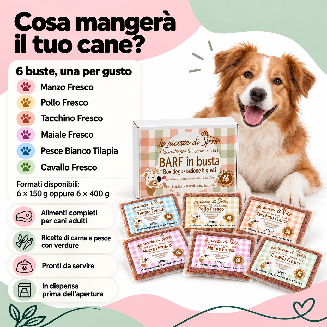 Cosa mangerà il tuo cane? Box BARF in busta con sei gusti, disponibile nei formati 6 × 150 g e 6 × 400 g