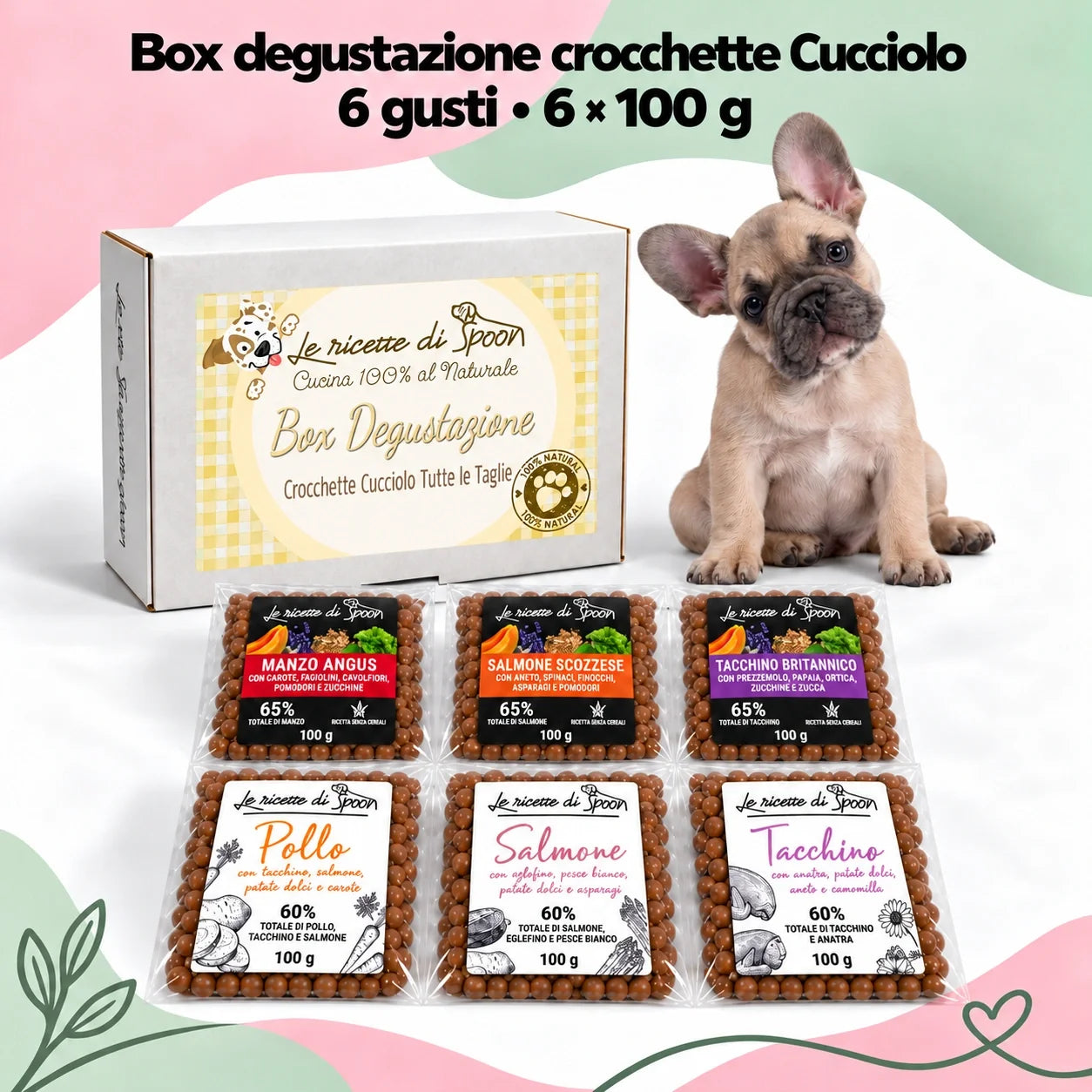 Box Cucciolo con etichetta gialla e sei sacchetti da 100 g