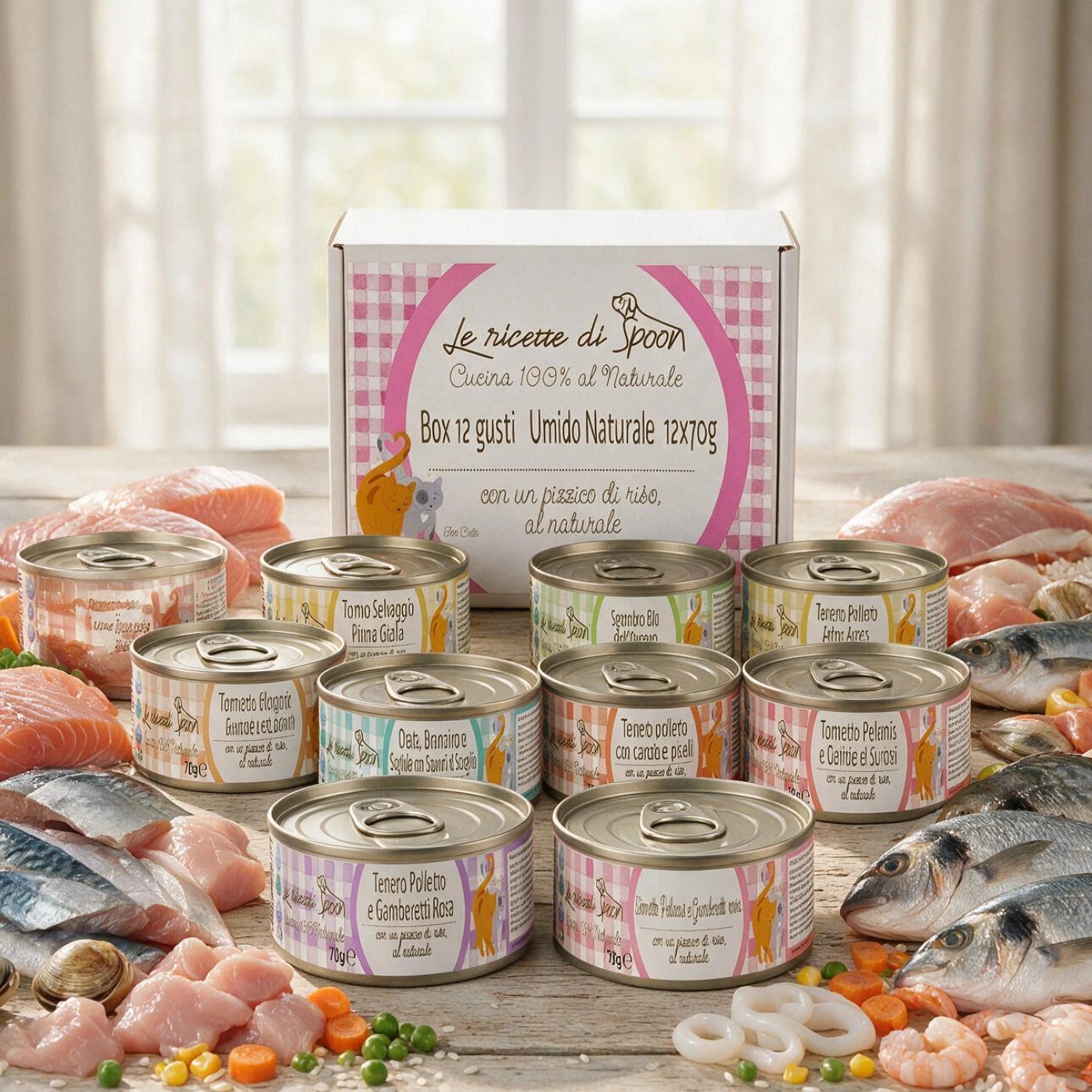Box degustazione 12 gusti (12x70gr) umido naturale - Carne o Pesce, acqua di cottura ed un pizzico di riso, cotti al vapore in lattina