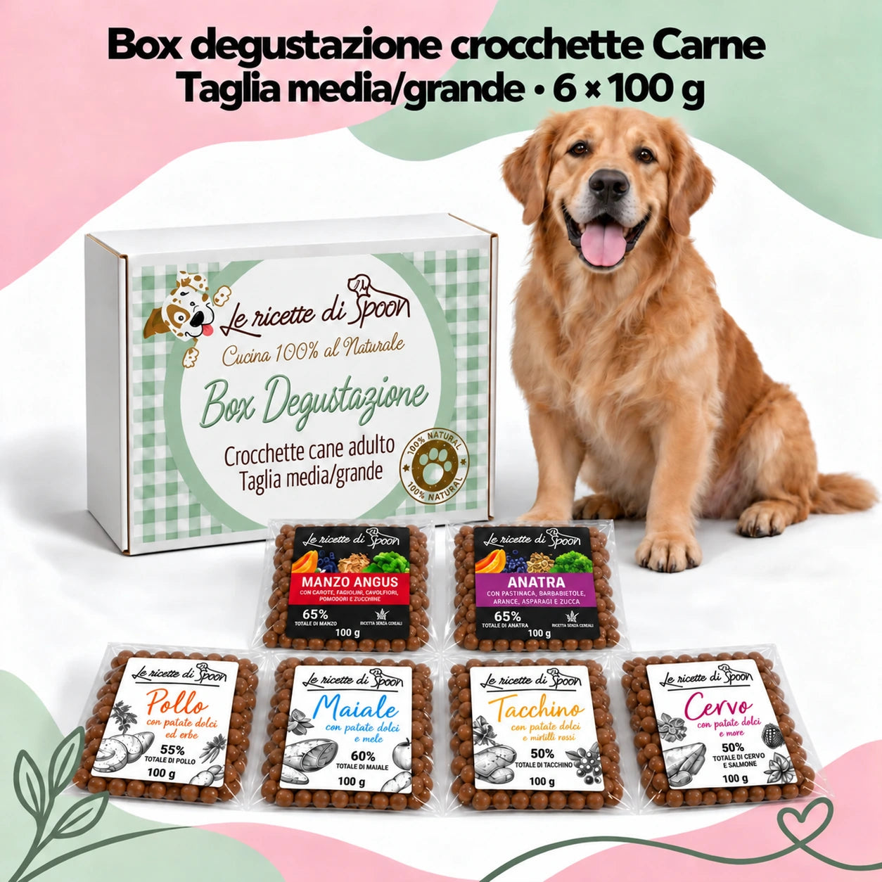 Box degustazione cane adulto taglia media/grande 6 × 100 g con Manzo Angus e Anatra SFD La Saporita e quattro ricette La Contadina